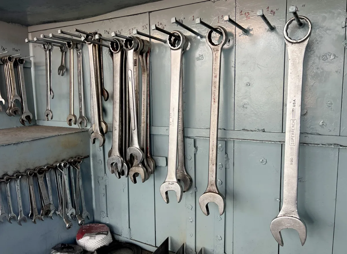 Spanners hanging in rows on a workshop wall