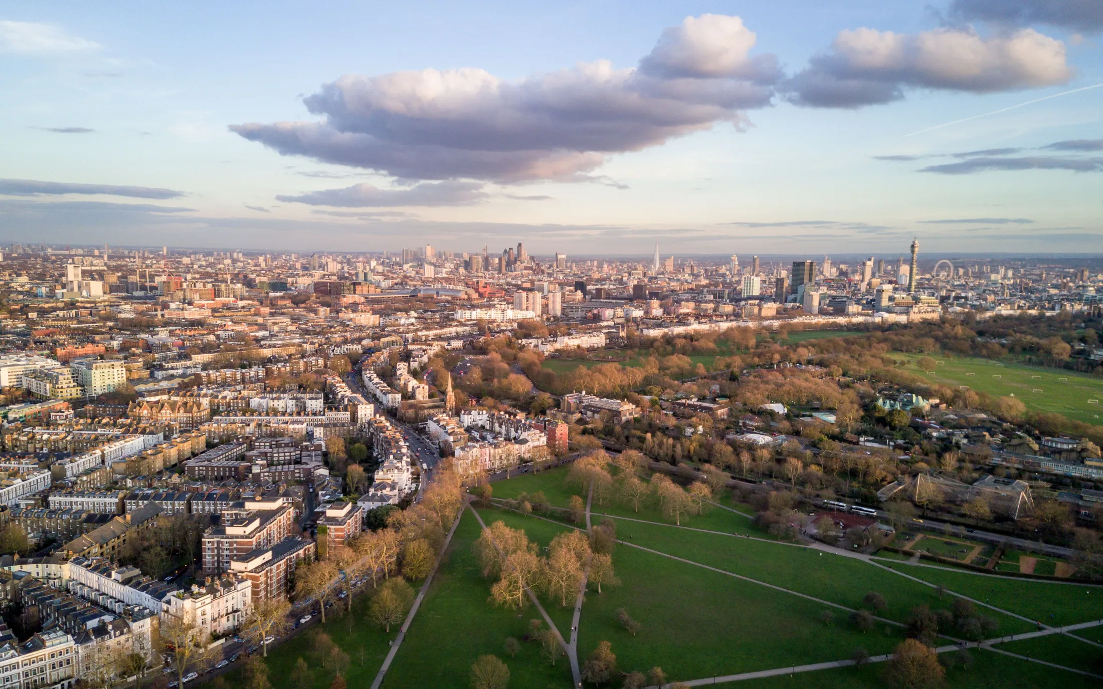 An aerial view over north London rooftops and streets